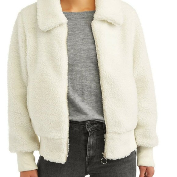 Jason Maxwell Women's  WHITE Faux Sherpa Bomber Jacket size M - Picture 2 of 5